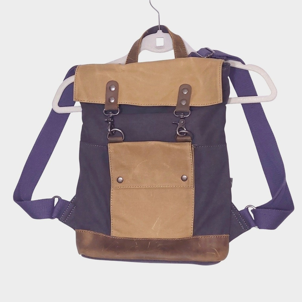 TSD Brand Earth & Style Canvas Leather Backpack Navy Blue & Tan Rugged Rucksack